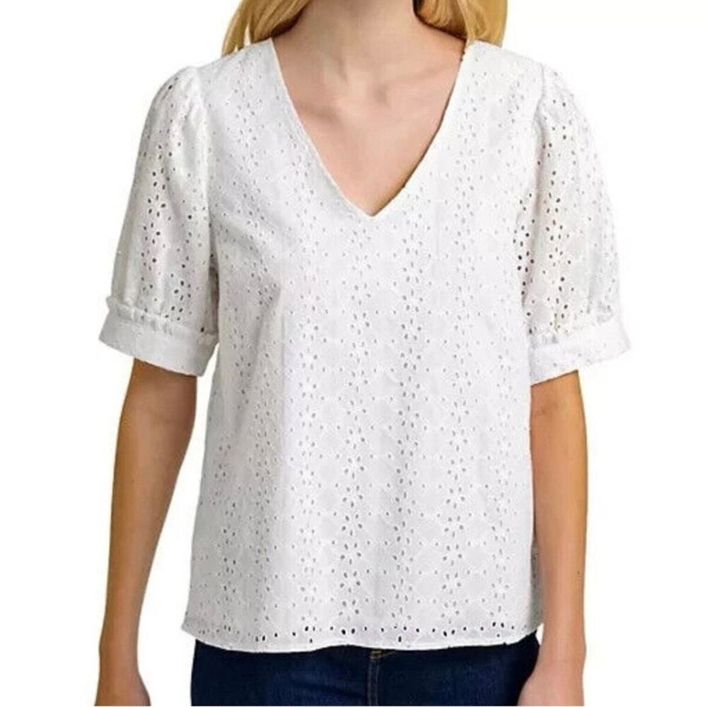 Draper James Heidi White Eyelet Blouse Vneck Short Sleeve Cotton Sz L